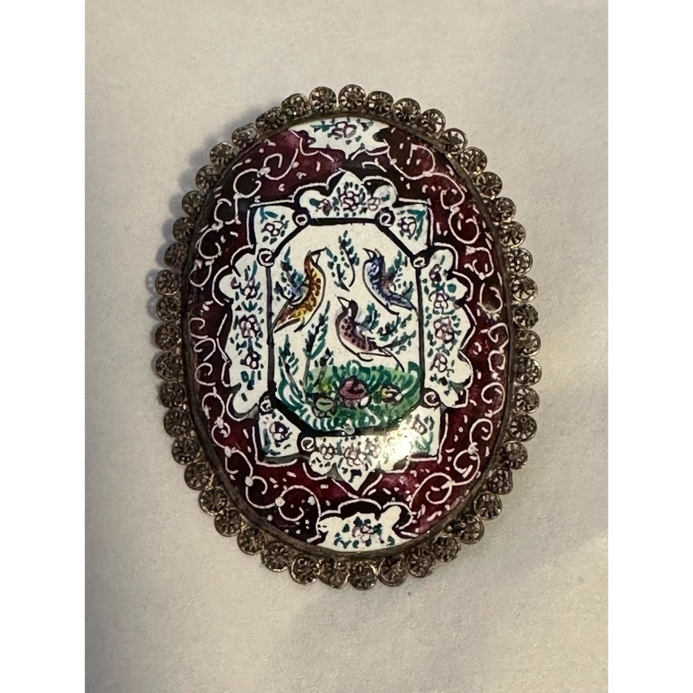 Hand Painted Enamel Persian Brooch Filigree Silver Frame‎